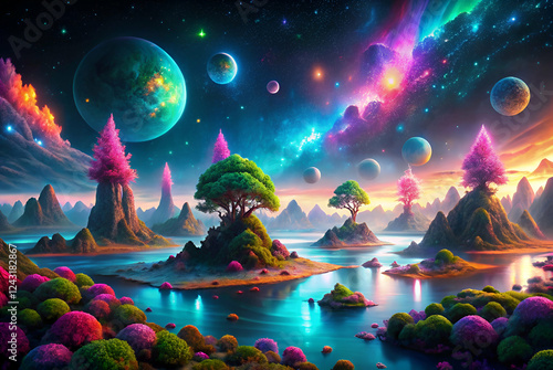 A vibrant cosmic landscape featuring colorful trees, floating islands, and a starry sky with multiple planets.