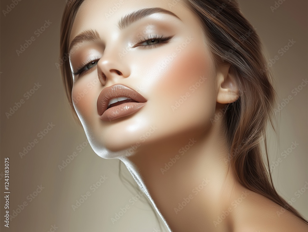 Fototapeta premium Photo of the face of a beautiful well-groomed woman with natural full lips and beautiful eyebrows and eyelashes.
