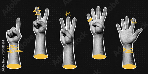 Halftone hands collection. Fingers pointing the numbers. Halftone hands show the counting from one to five. Stylish halftone collage design elements. Hand gestures in pop art style. Vector
