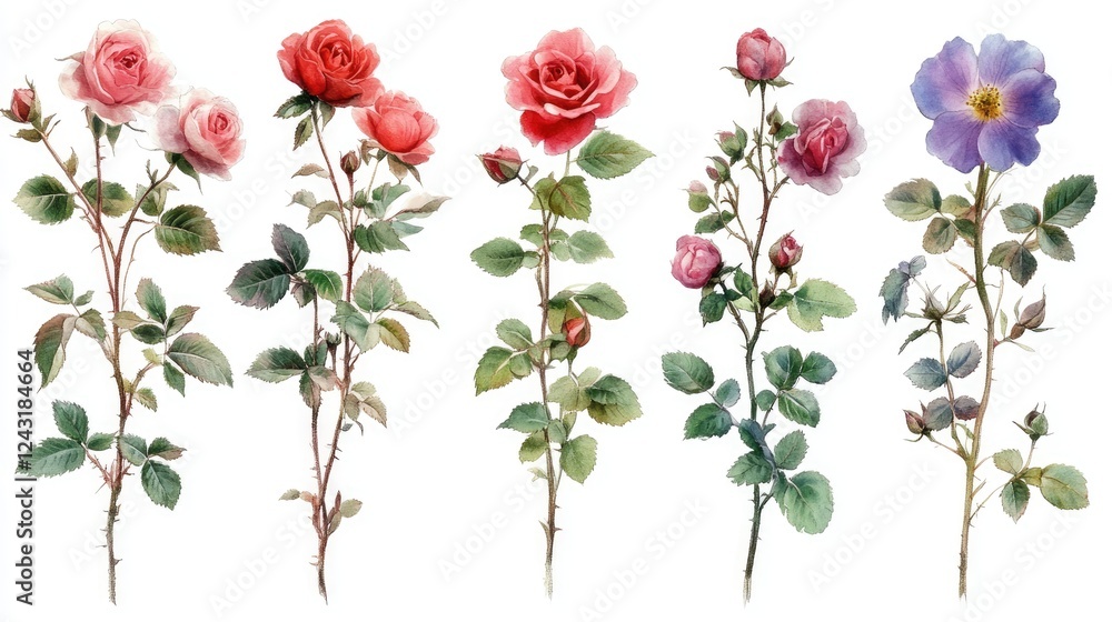 Watercolor Illustration of Five Elegant Roses in Various Colors and Full Detail Isolated on White. Detailed artistic watercolor painting showcasing five beautiful roses in diverse colors. Watercolor Illustration of Five Elegant Roses in Various Colors and Full Detail Isolated on White. Detailed artistic watercolor painting showcasing five beautiful roses in diverse colors.