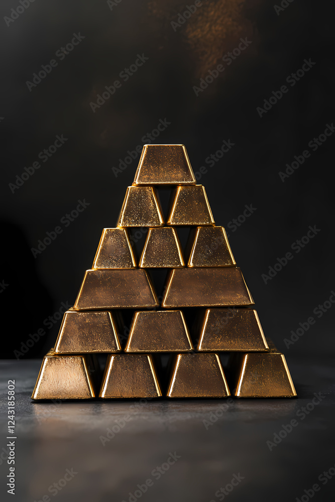 A stack of gold bars on a dark background, arranged in a pyramid shape, photographed from the front with studio lighting A stack of gold bars on a dark background, arranged in a pyramid shape, photographed from the front with studio lighting