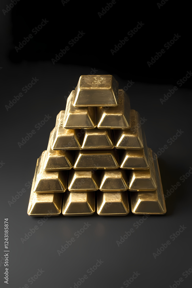 A stack of gold bars on a dark background, arranged in a pyramid shape, photographed from the front with studio lighting A stack of gold bars on a dark background, arranged in a pyramid shape, photographed from the front with studio lighting