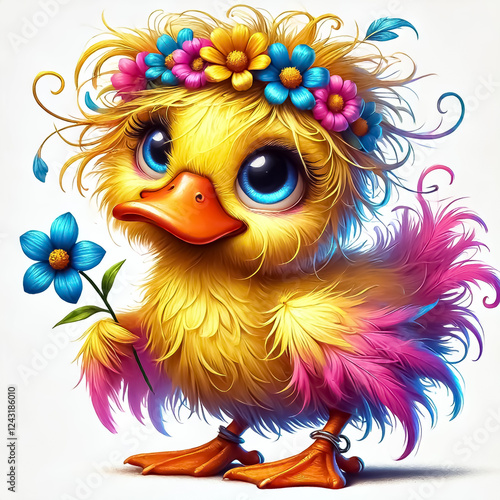 A whimsical and colorful duckling character with messy, vibrant feathers in shades of yellow and pink on isolated white background for stickers