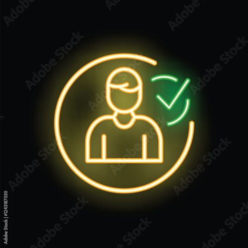 Neon icon of person with checkmark symbol, representing successful identification or verification process