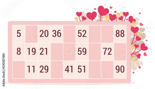 Carton de loto rose avec décoration pour la Saint Valentin, organisation de jeu de hasard style tombola, ornement de cœurs rouges et de fleurs jaunes