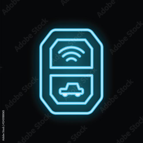 Blue neon icon of a car keyless entry system is glowing on a black background