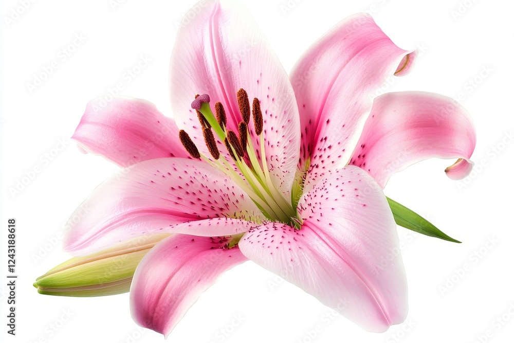 Fototapeta premium Pink lily blossom, isolated, studio, white background, floral design