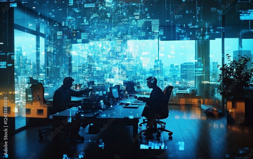 Photograph of multiple business people working in an office with a double exposure overlay of a digital hologram world, graphs, and charts floating above the table Photograph of multiple business people working in an office with a double exposure overlay of a digital hologram world, graphs, and charts floating above the table