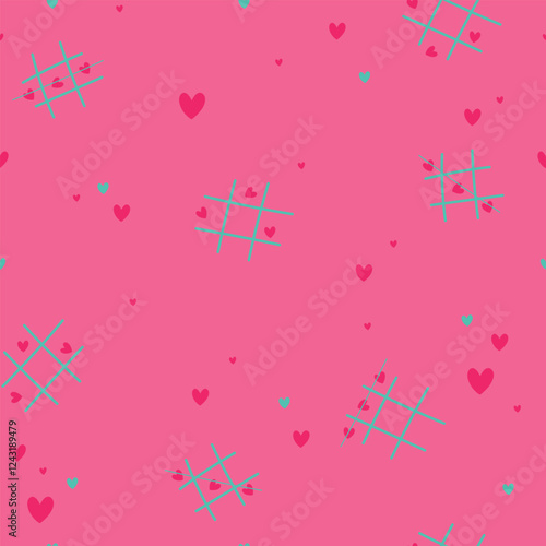 Seamless pattern with hearts, game tic tac toe with hearts. Hand drawn vector illustration for Valentine's Day.