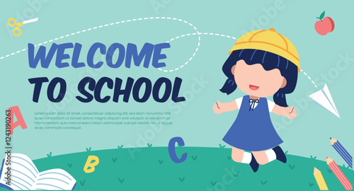 Welcome To School Banner with happy kindergartner girl