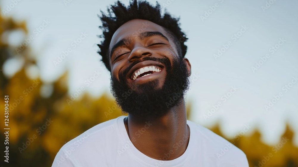 Bright sunlight highlights the joyful expressions of a young man, who laughs heartily in a natural setting surrounded by greenery. His carefree spirit radiates happiness Bright sunlight highlights the joyful expressions of a young man, who laughs heartily in a natural setting surrounded by greenery. His carefree spirit radiates happiness
