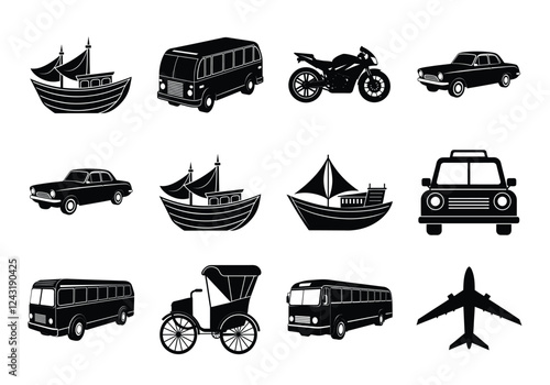 Transport silhouettes collection. Vehicle vectors set isolated on white background