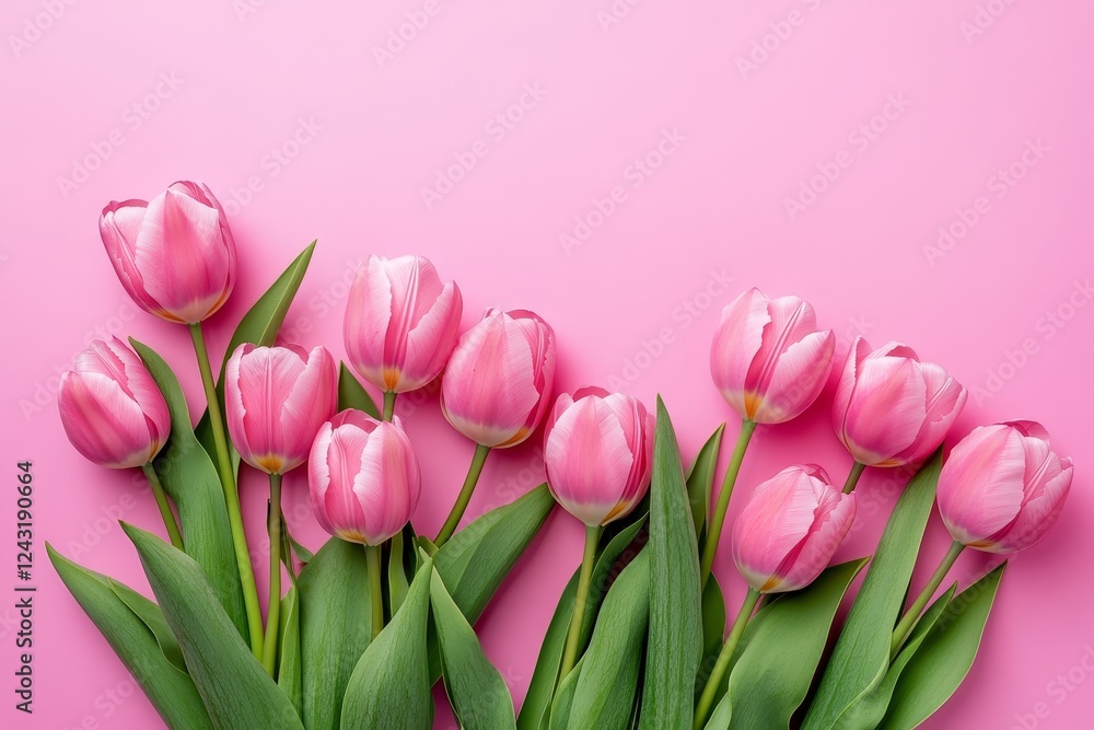 Pink tulips arranged on pink background, spring floral design, greeting card (1) Pink tulips arranged on pink background, spring floral design, greeting card (1)