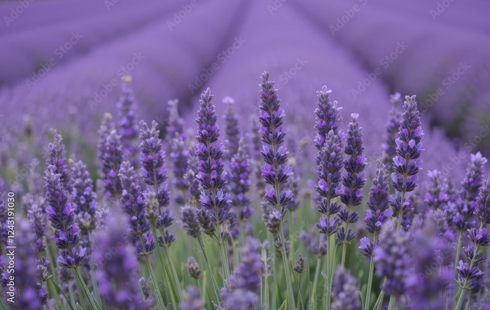 Obraz premium A field of purple lavender flowers with a blue sky in the background