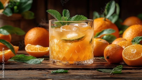 Refreshing orange cocktail on rustic wooden table photo