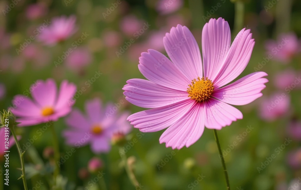 A garden filled with pink cosmos flowers in full bloom A garden filled with pink cosmos flowers in full bloom