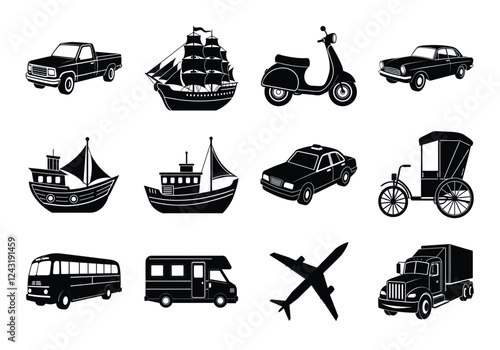 Transport silhouettes collection. Vehicle vectors set isolated on white background