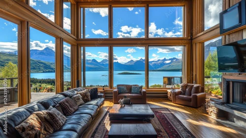 A spacious living room with large windows showcasing a stunning lake and mountain view. A spacious living room with large windows showcasing a stunning lake and mountain view.