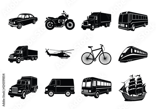 Transport silhouettes collection. Vehicle vectors set isolated on white background