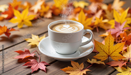 Coffee cup with heart latte art surrounded by autumn leaves on wooden table for blogs, websites, seasonal decor, coffee shop promotions, and lifestyle articles