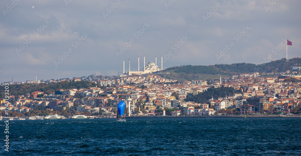 Istanbul Province, Üsküdar District, Bosphorus view, Çamlıca Tower, Maiden's Tower and Theology Mosque.