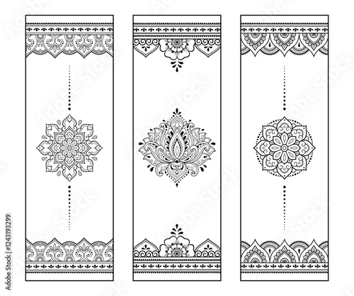 Printable bookmark for book - coloring. Set of black and white labels with flower patterns, hand draw in mehndi style. Sketch of ornaments for creativity of children and adults with colored pencils.
