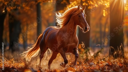 beautiful brown horse running forest golden sunlight autumn leaves majestic powerful detailed scene