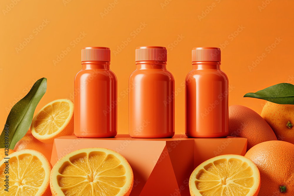 closeup photo of three vibrant orange blank supplement bottles arranged on minimalist geometric pedestals, surrounded by fresh citrus fruits and orange slices closeup photo of three vibrant orange blank supplement bottles arranged on minimalist geometric pedestals, surrounded by fresh citrus fruits and orange slices