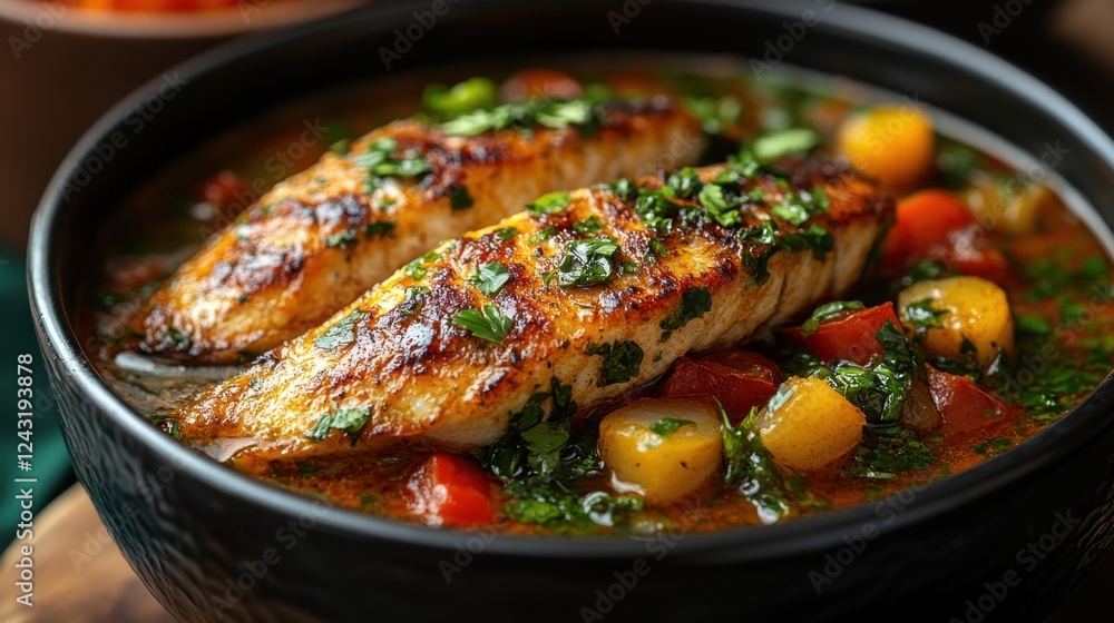 A traditional Senegalese thieboudienne with fish A traditional Senegalese thieboudienne with fish