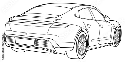 Classic sport sedan car. 4 door electric car on white background. Front and Side 3d view shot. Outline doodle vector illustration	
