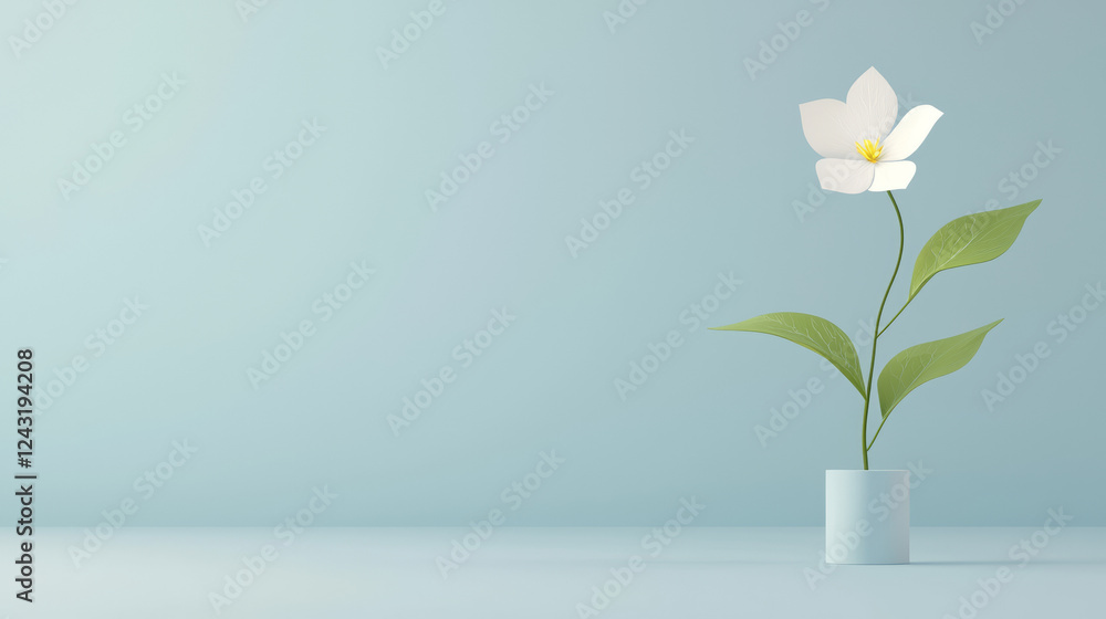 minimalistic white flower in small vase with green leaves on pastel blue background minimalistic white flower in small vase with green leaves on pastel blue background