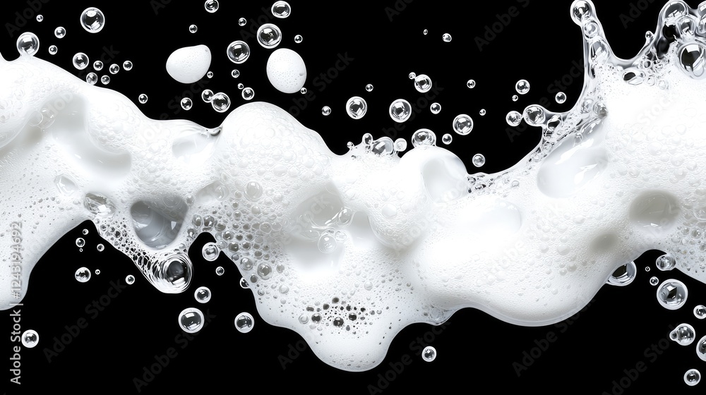 White foam stream on black background, cleaning concept