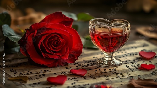 A red rose and heart on sheet music
