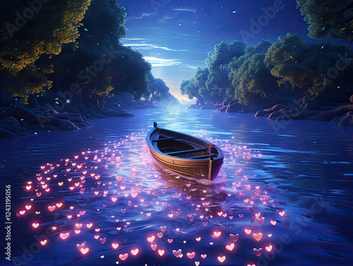 Enchanted River at Night: A Lonely Boat Adrift Among Glowing Hearts