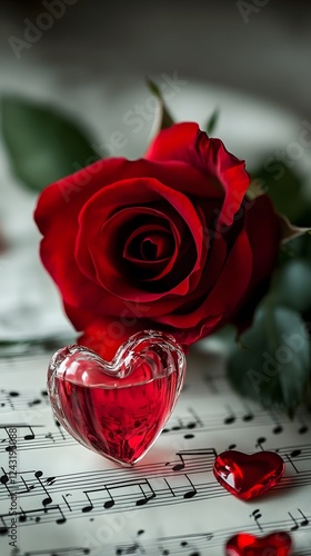 A red rose and heart on sheet music
