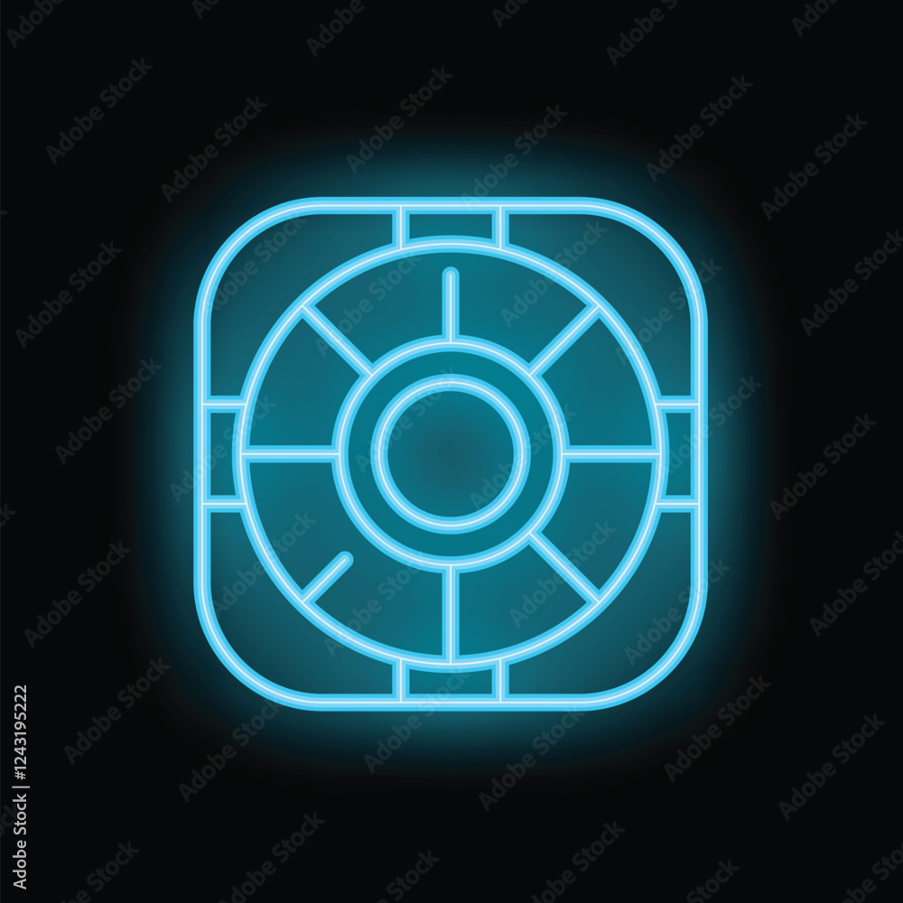 Neon blue life buoy glowing on black background, concept of safety, security and emergency Neon blue life buoy glowing on black background, concept of safety, security and emergency