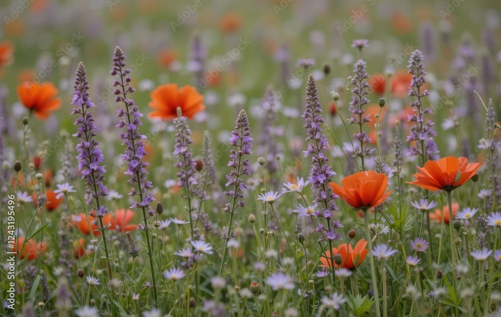 Obraz premium A meadow filled with purple and red wildflowers