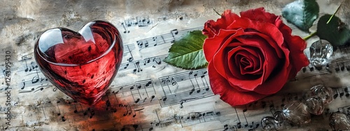 A red rose and heart on sheet music
