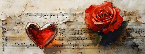A red rose and heart on sheet music
