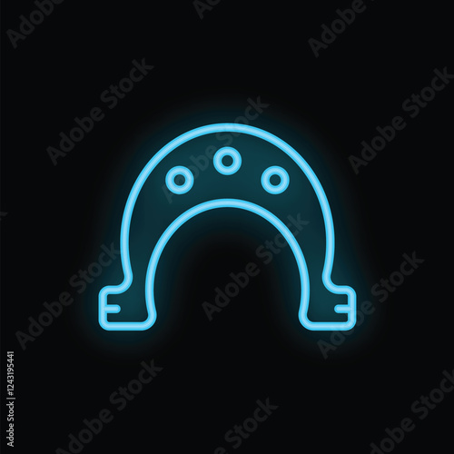 Blue neon sign depicting a horseshoe glowing on a black background