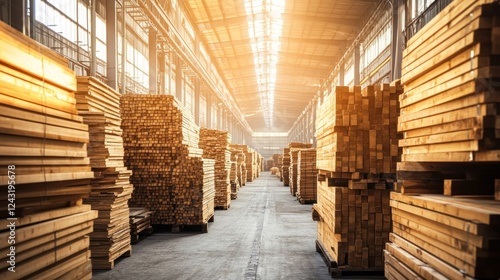 Wallpaper Mural A spacious warehouse filled with neatly stacked wooden planks, illuminated by sunlight. Torontodigital.ca