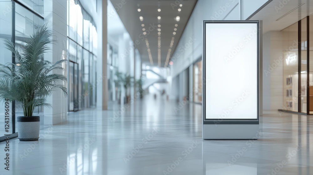 Fototapeta premium Empty Shopping Mall Corridor with Blank Roll Up Banner Stand, Modern Interior Design, Bright Hallway, Spacious Retail Environment, Palm Plants in Background