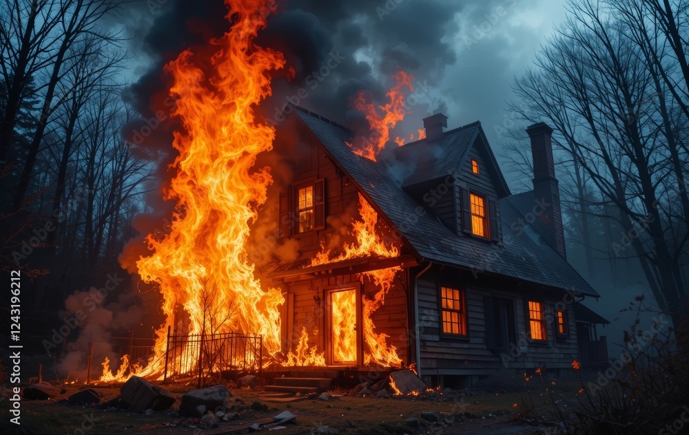 Obraz premium A house engulfed in flames with smoke rising into the sky