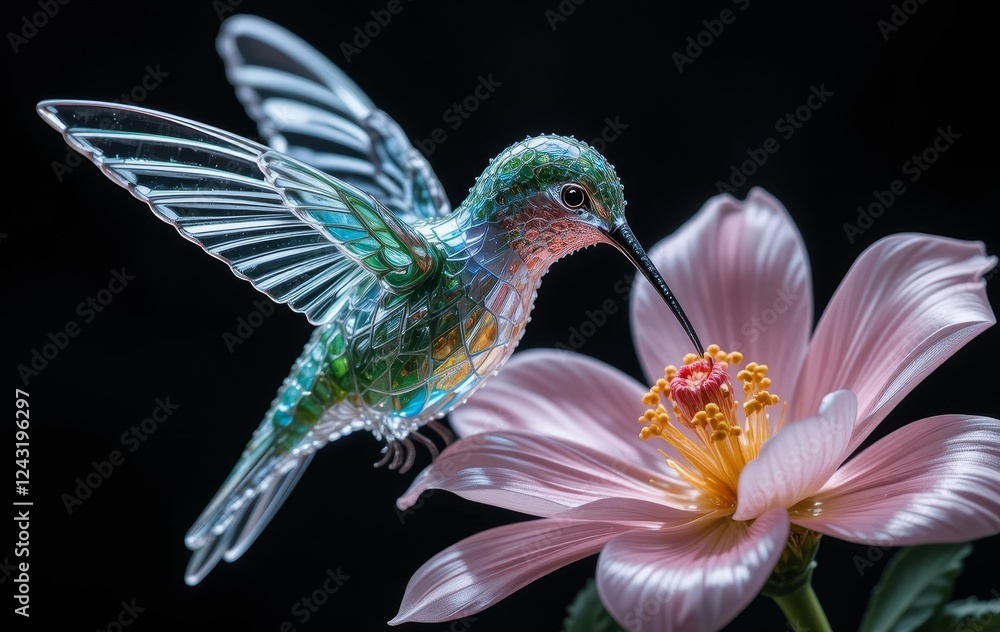 Fototapeta premium A hyper-realistic glass hummingbird drinking from a pink flower with dramatic lighting
