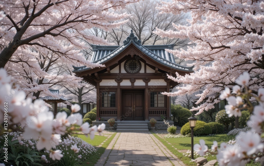A small white house surrounded by blooming cherry blossom trees A small white house surrounded by blooming cherry blossom trees