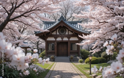 A small white house surrounded by blooming cherry blossom trees