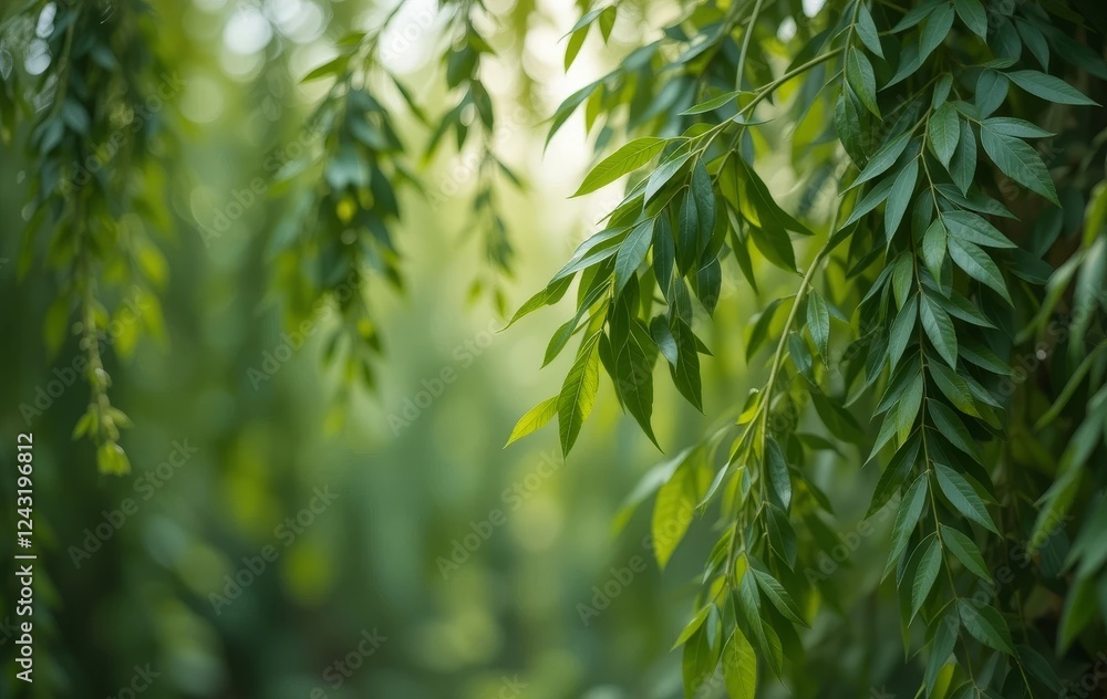 A close-up of green leaves from a willow tree, with sunlight shining through them. A close-up of green leaves from a willow tree, with sunlight shining through them.