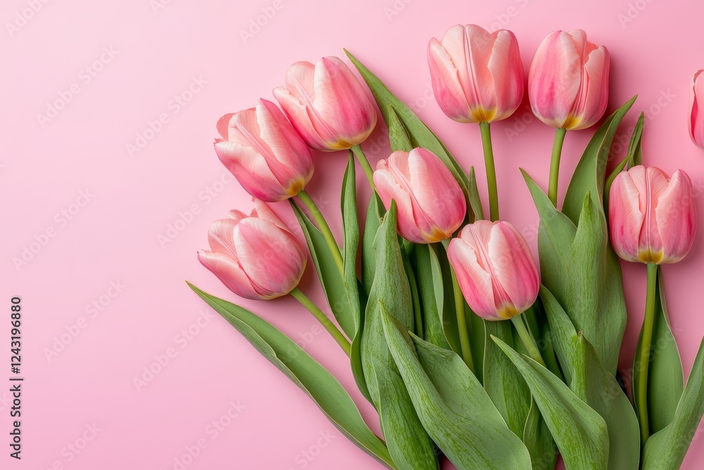 Pink tulips bouquet, pastel background, spring, floral design, greeting card Pink tulips bouquet, pastel background, spring, floral design, greeting card