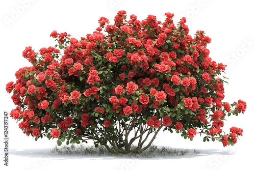 3D Style Vibrant Red Rose Bush in Full Bloom Isolated. photo