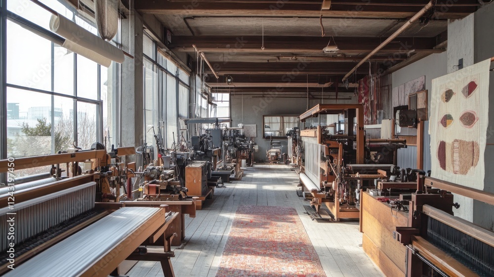 A spacious weaving studio filled with looms and textile equipment, showcasing craftsmanship. A spacious weaving studio filled with looms and textile equipment, showcasing craftsmanship.